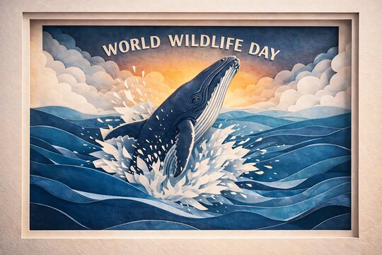 World wildlife day banner with breaching whale in ocean with sunset clouds