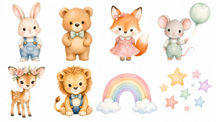 Obraz premium Cute watercolor nursery animal clipart set. Baby bear fox rabbit lion deer mouse with rainbow balloon stars isolated on white background. For baby shower birthday invitation card