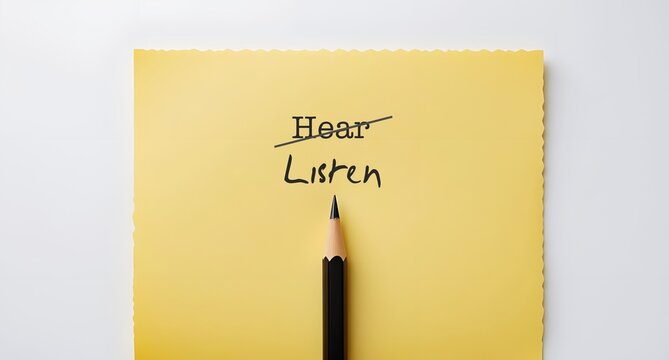 Yellow paper with word HEAR crossed off to LISTEN, to practice active listening , focus and try to understand what speakers really want to communicate