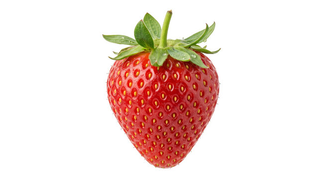 Single ripe red strawberry with green leaves and water droplets on a white background