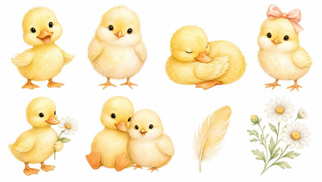Cute watercolor duckling and chick clipart set. Baby ducks and chicks with daisy flowers, feather, and pink bow isolated on white background. For Easter and spring designs