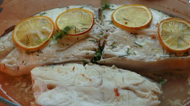 Oven baked wild caught halibut steak.