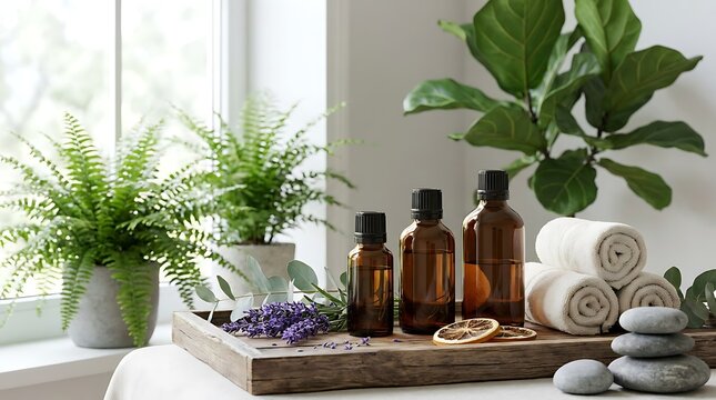 Essential oil bottles with spa towels and green plants on a wooden tray in a bright sunny room. essential oil combination