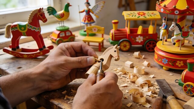 Artisan hands carving traditional Hrvatsko Zagorje wooden toys, UNESCO intangible cultural heritage, folk craft workshop