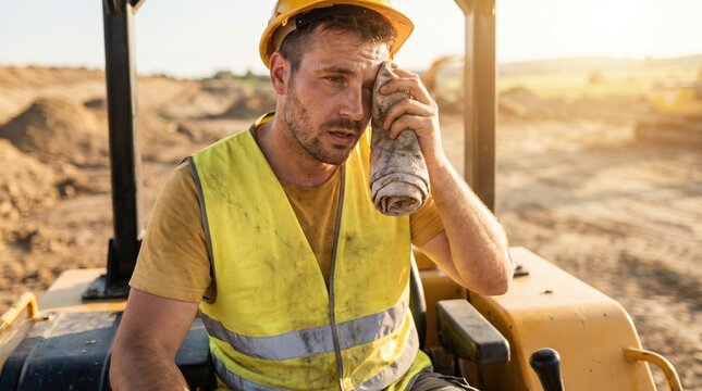 Exhausted male construction worker wiping sweaty face with cloth. Tired builder sitting on heavy machinery suffering from summer heat