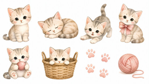 Cute watercolor kitten clipart set. Sweet striped baby cats playing sleeping and sitting in basket isolated on white. Pet nursery decor elements