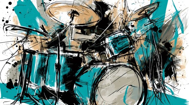 Drummer playing energetic rhythm on abstract drum set
