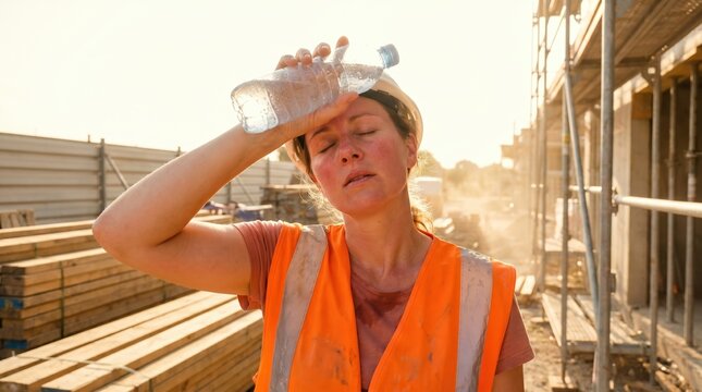 Exhausted female construction worker holding water bottle to forehead. Tired woman in hard hat suffering from summer heat on building site