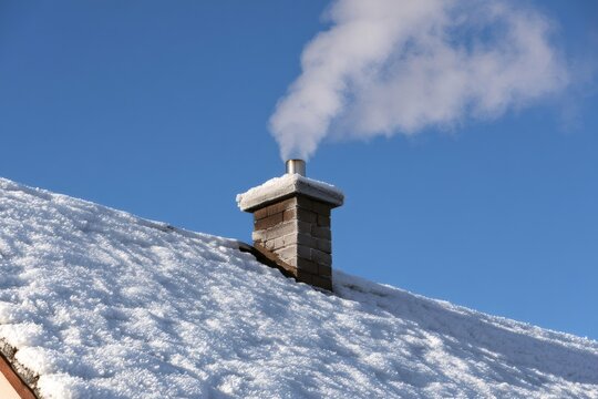 Chimney smoking on snowy roof against blue sky