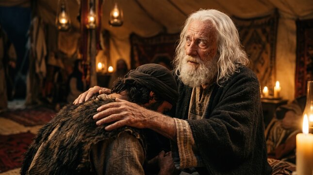 Isaac blessing Jacob. Biblical scene of elderly blind father laying hands on his son disguised in animal fur inside a tent. Old Testament story
