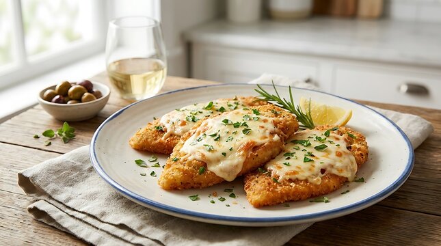 Delicious grilled salmon fillets with creamy herb sauce and lemon on a white plate in a kitchen. romano chicken recipe