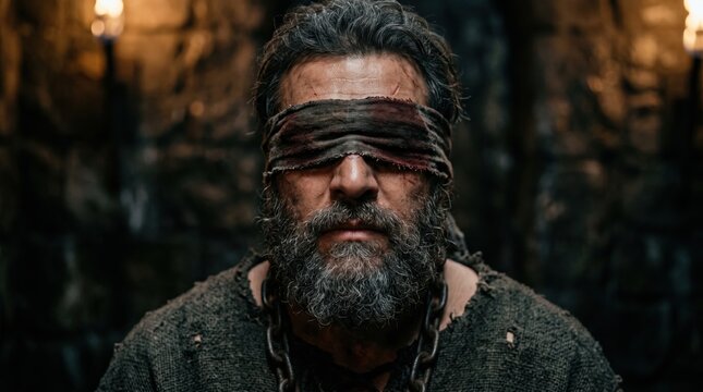 Samson blinded and bound in chains. Biblical portrait of the captured judge in a dark stone dungeon. Old Testament story