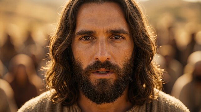 Jesus Christ teaching the crowd. Close up portrait of Jesus speaking about serving two masters. Biblical sermon concept