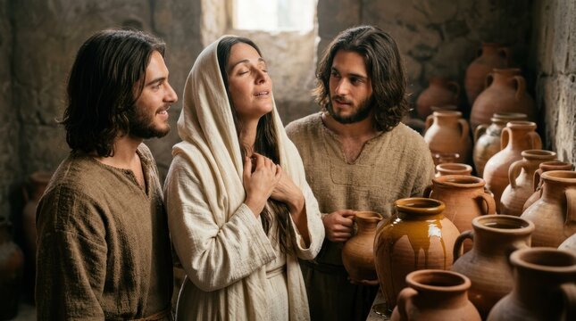 Miracle of the widow's oil. Grateful mother with her two sons surrounded by clay jars. Biblical story of Elisha
