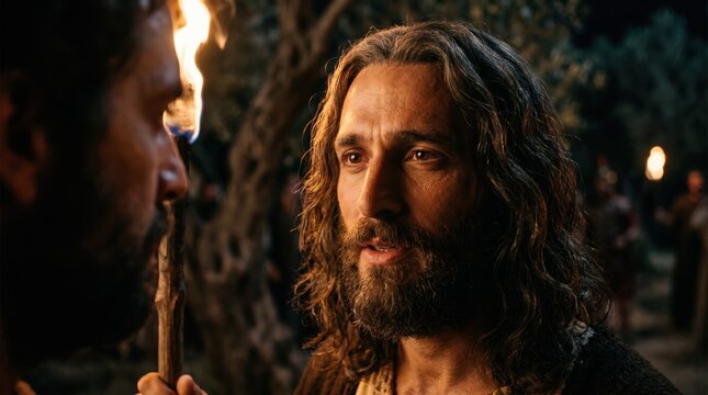 Jesus and Judas in Gethsemane. Close up of Christ looking at his betrayer holding a torch at night. Biblical betrayal scene