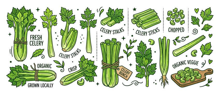 Collection of fresh celery stalks and chopped pieces