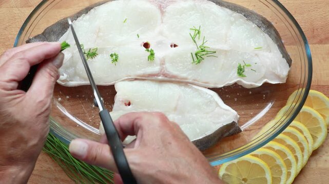 Preparing wild caught halibut steaks for grilling