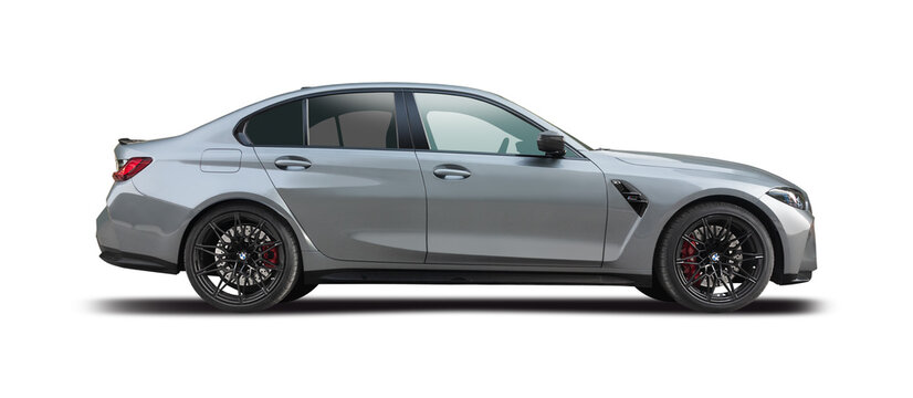 Silver metallic performance sports sedan car BMW M3 side profile cutout on white background