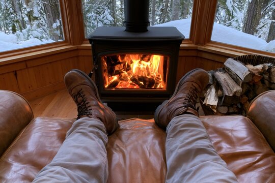 Person relaxing by wood burning stove in winter