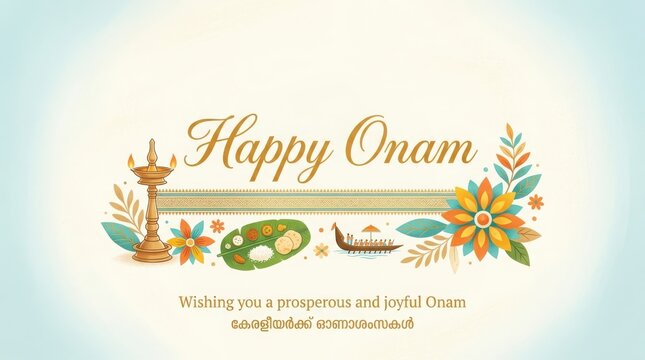 Happy onam festival greeting card with traditional kerala elements, including a boat, lamp, flowers, and feast.