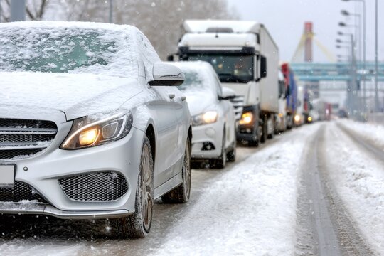 Cars and trucks stuck in snow traffic jam