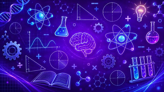 Glowing Human Brain Concept with Educational Science Line Art Background Illustration