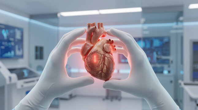 Heart Clipart Concept Featuring Realistic Anatomical Heart Held by Medical Hands in Modern Clinic
