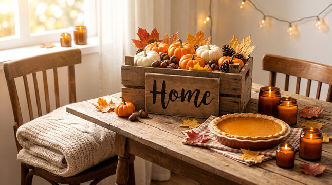 Cozy autumn harvest table with Home wooden sign pumpkin pie and candles