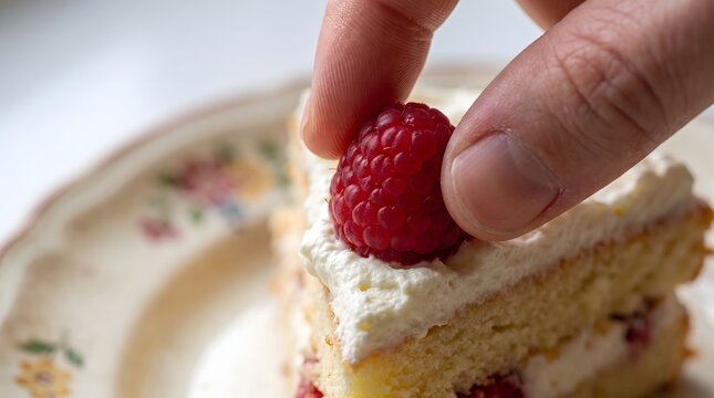 Hand placing a fresh raspberry on a cream cake slice