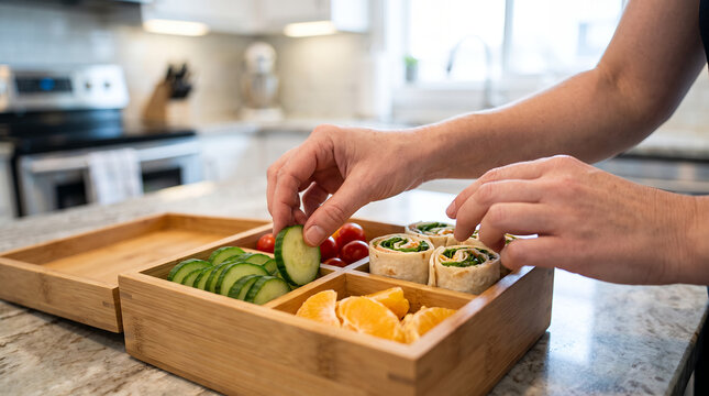 Hand arranging fresh vegetables and fruits in a school lunch box  