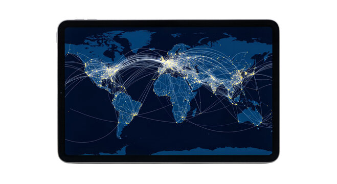 Global flight paths visualized on a tablet screen displaying a world map at night