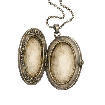 A silver locket hangs from a chain and is open to reveal its empty inner space. The locket features an oval shape and simple detailing around the edge. This piece is part of jewelry collection
