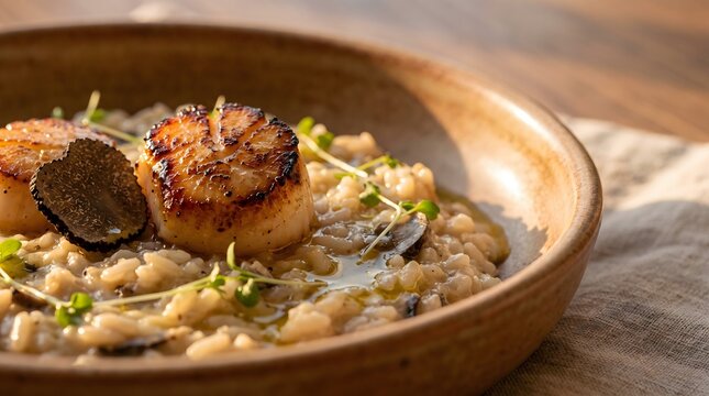 Seared scallop risotto with black truffle and microgreens