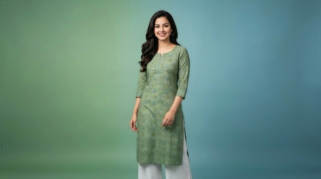 Woman wearing a green chikankari kurta with white palazzo pants