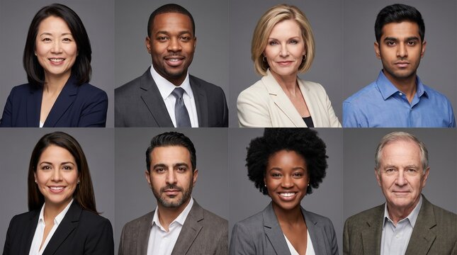 Collage of eight diverse professionals posing for corporate headshots on gray background