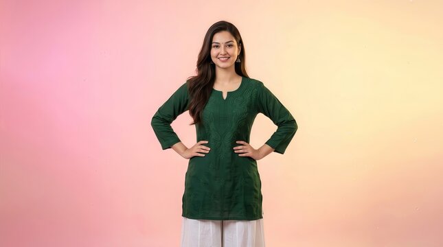 Woman wearing a dark green chikankari kurta