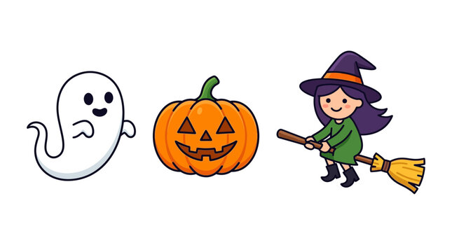 Ghost, jack-o'-lantern, and flying witch on a broomstick illustrate a fun Halloween holiday theme.