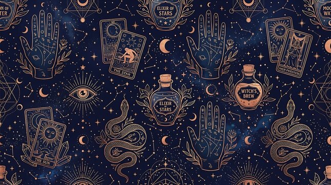 Celestial Witchy Tarot Seamless Pattern for Mystical Halloween Design