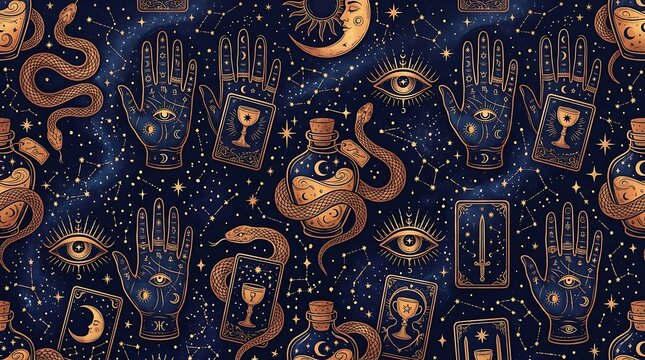 Celestial Witchy Tarot Seamless Pattern for Mystical Halloween Design