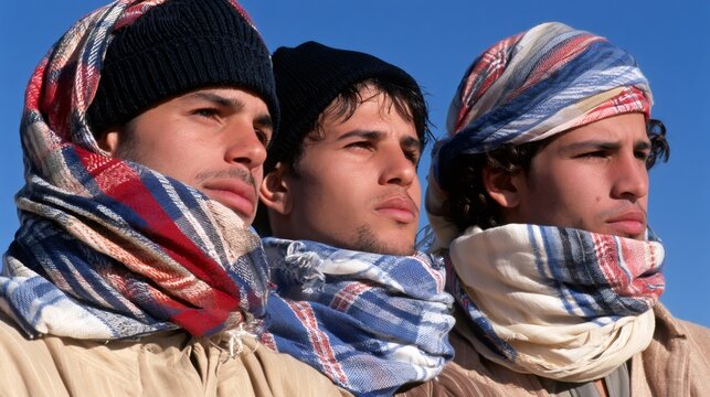 Young men wearing keffiyeh looking into distance