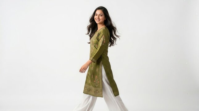 Young woman in olive green embroidered kurta isolated on white background