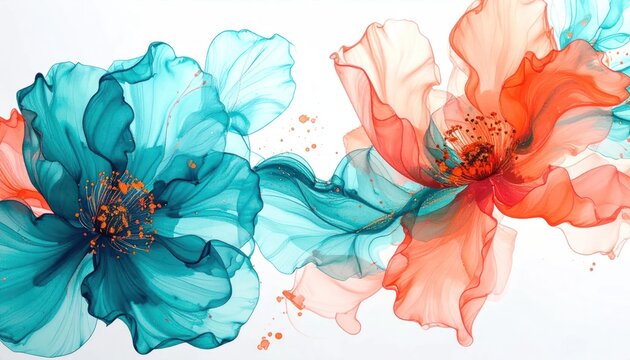Teal and coral alcohol ink floral abstract on white background