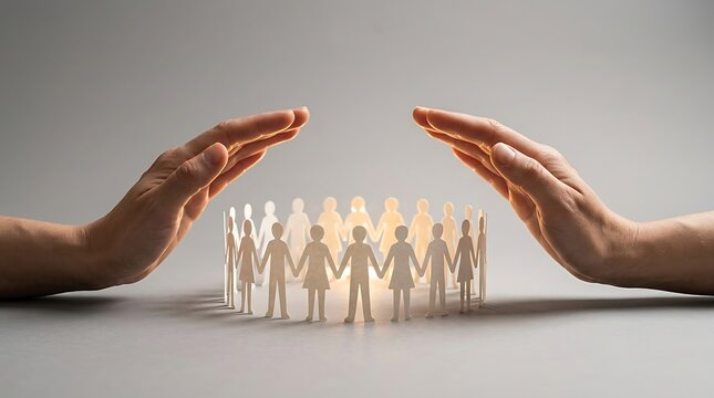 Hands Protecting Circle of Paper People Symbolizing Community and Safety.