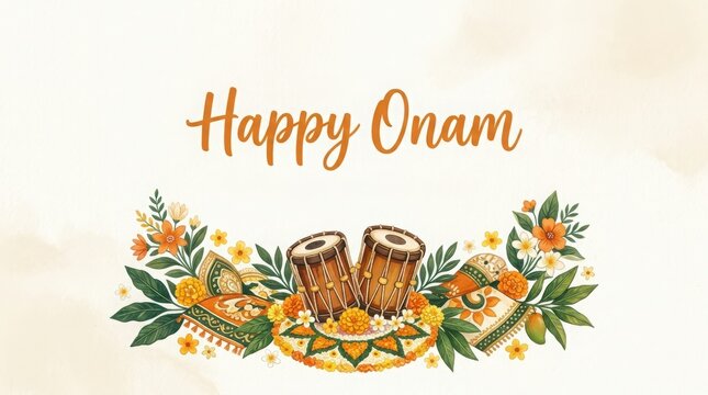 Traditional onam festival greeting card featuring hand drawn illustration of chenda melam drums and vibrant floral design.