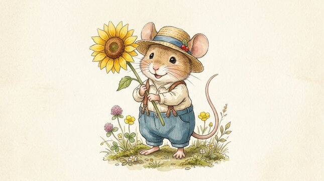 Cute cartoon mouse holding a sunflower in a field of flowers, wearing overalls and a straw hat.
