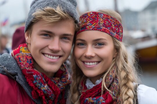Smiling young couple wearing traditional nordic clothing