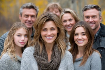 Fototapeta premium Large family group smiling outdoors in autumn
