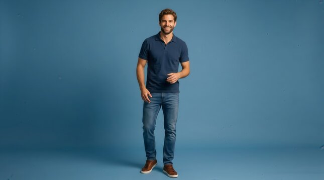 Full body shot of a man in casual polo shirt and jeans