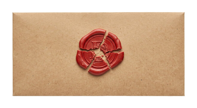 Broken red wax seal on a textured brown paper envelope, symbolizing lost trust