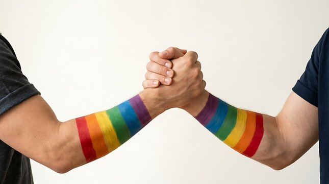 Two men with rainbow-painted forearms clasping hands in a show of unity and support.